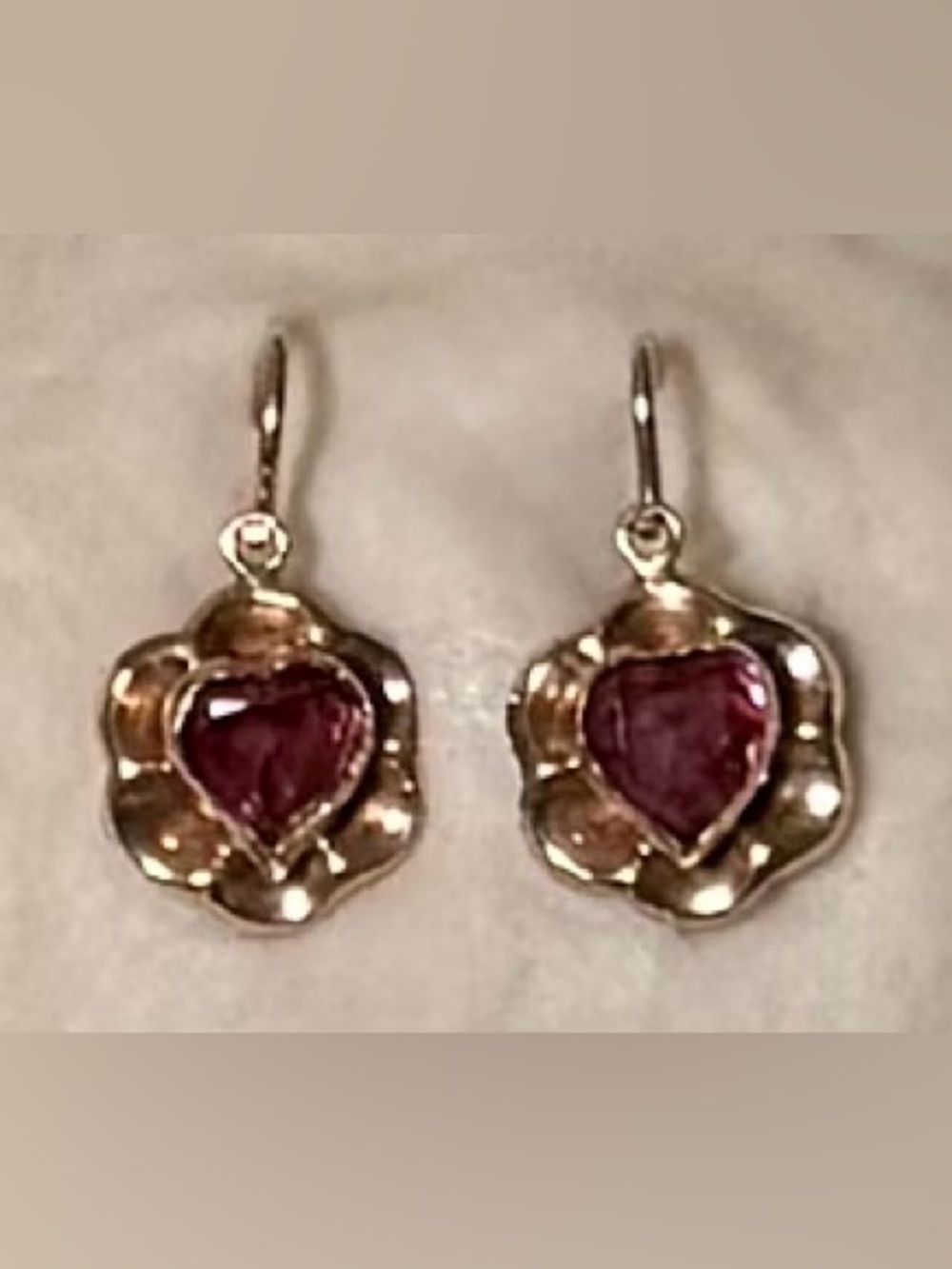 Portuguese Gold Floral Heart Drop Earrings with Red Gemstones